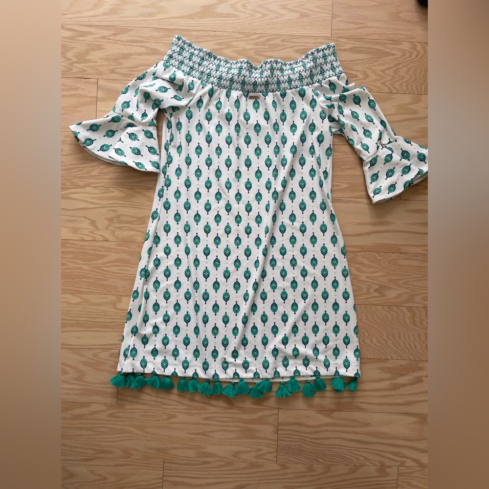 Cabana Life Size Medium Teal and White Ruffled Off-the-Shoulder Dress